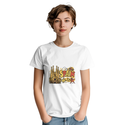 Spain Unisex Travel T-Shirt on wooden background with world map, passport, and boarding pass