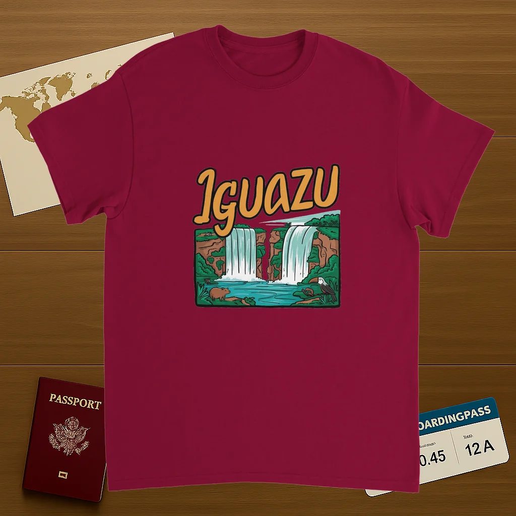 cardinal red Iguazu Falls Unisex Travel T-Shirt on wooden background with world map, passport, and boarding pass