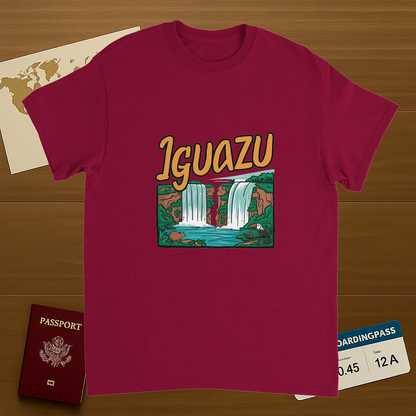 cardinal red Iguazu Falls Unisex Travel T-Shirt on wooden background with world map, passport, and boarding pass