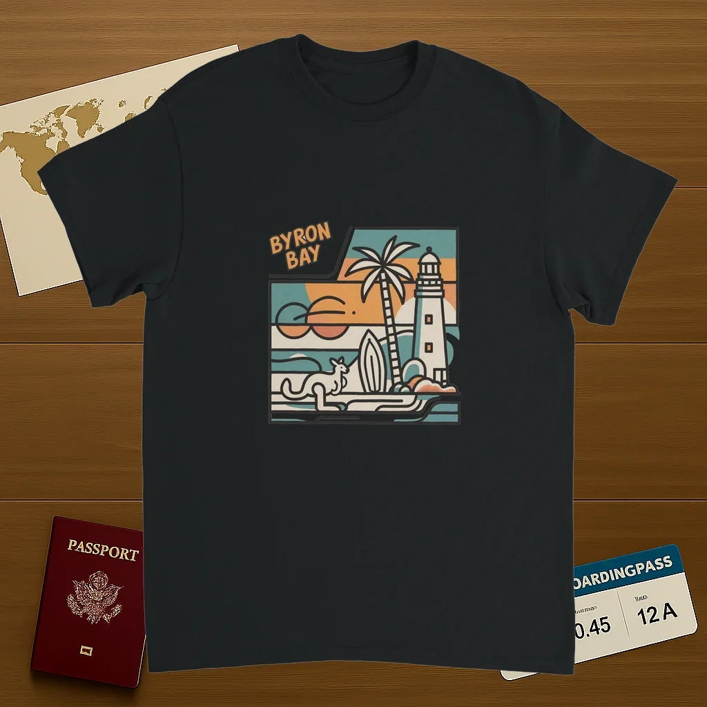 black Byron Bay Australia Unisex Travel T-Shirt on wooden background with world map, passport, and boarding pass