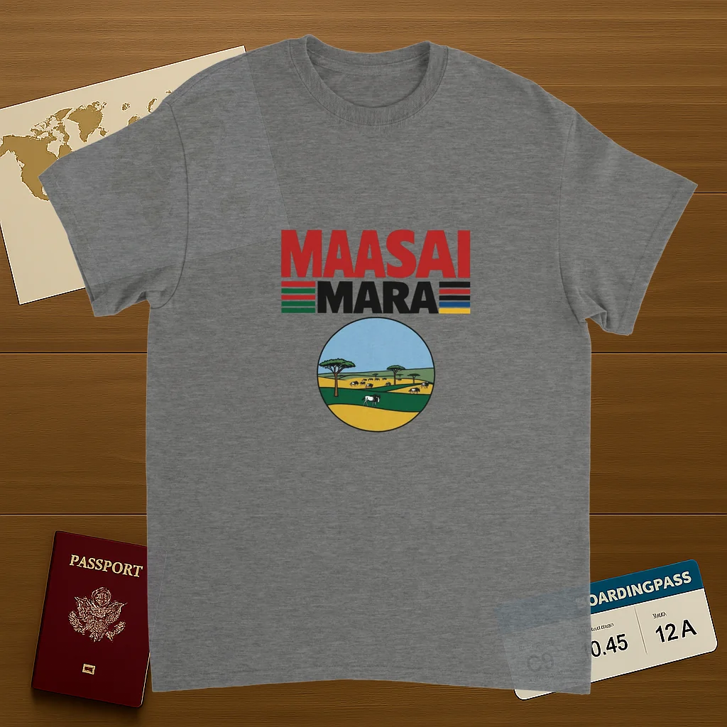 sport grey Maasai Mara Unisex Travel T-Shirt on wooden background with world map, passport, and boarding pass