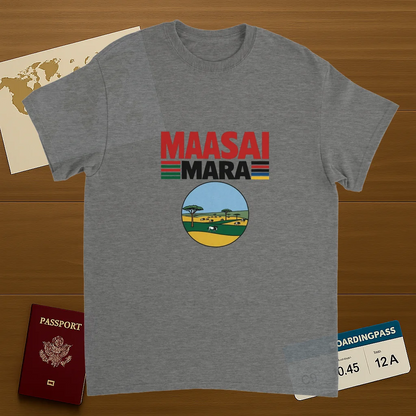 sport grey Maasai Mara Unisex Travel T-Shirt on wooden background with world map, passport, and boarding pass