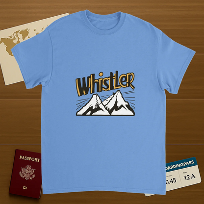 carolina blue Whistler Canada Unisex Travel T-Shirt on wooden background with world map, passport, and boarding pass