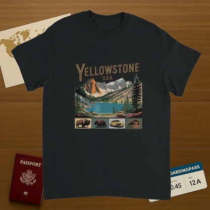 black Yellowstone USA Unisex Travel T-Shirt on wooden background with world map, passport, and boarding pass