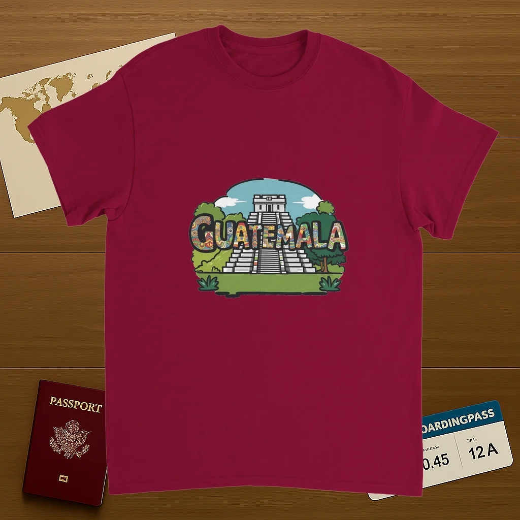 cardinal red Guatemala Unisex Travel T-Shirt on wooden background with world map, passport, and boarding pass