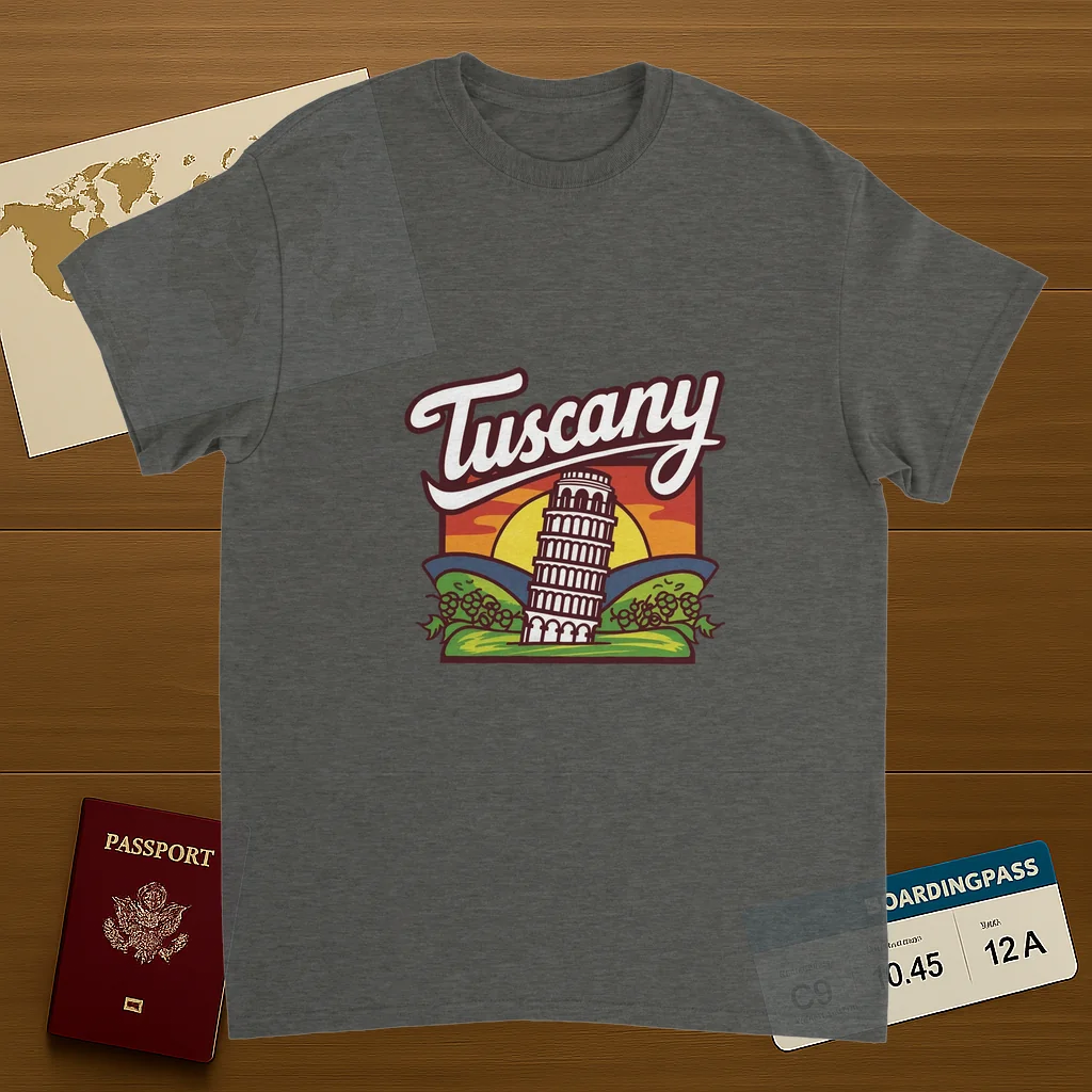 Tuscany Italy Unisex Travel T-Shirt on wooden background with world map, passport, and boarding pass