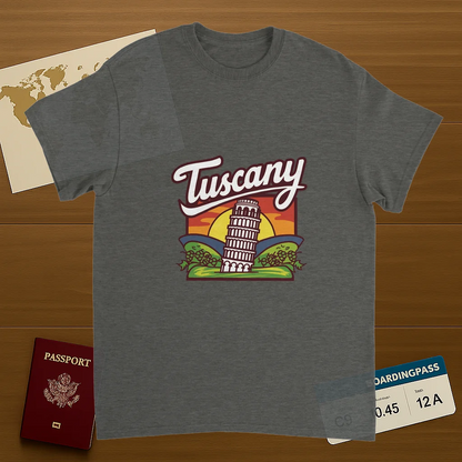 Tuscany Italy Unisex Travel T-Shirt on wooden background with world map, passport, and boarding pass