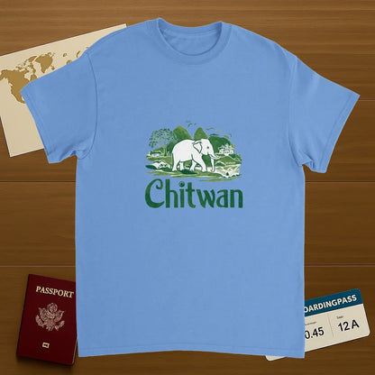 carolina blue Chitwan Nepal Unisex Travel T-Shirt on wooden background with world map, passport, and boarding pass
