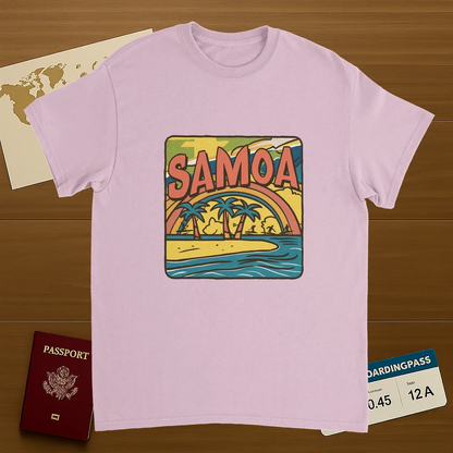 light pink Samoa Unisex Travel T-Shirt on wooden background with world map, passport, and boarding pass