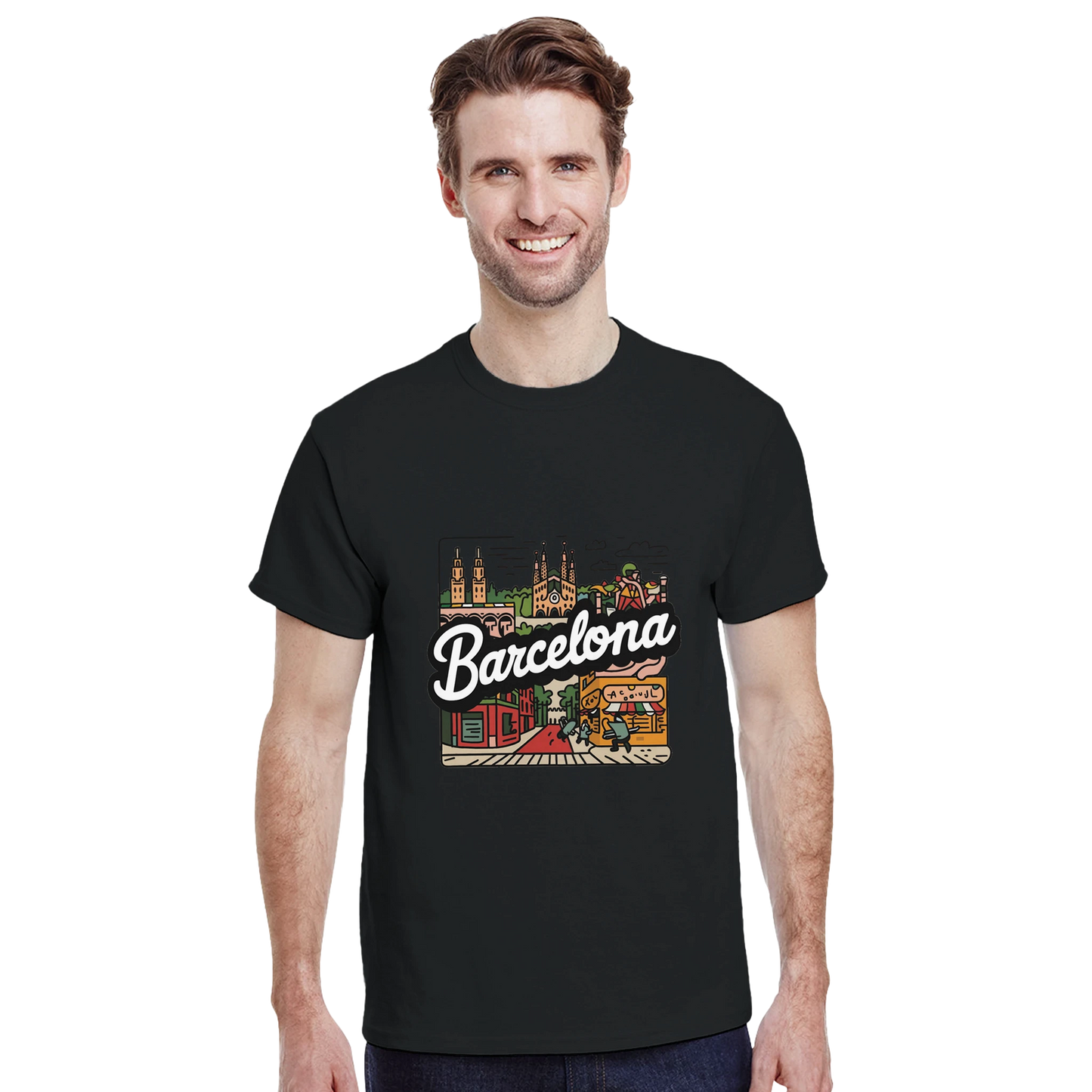 Barcelona Spain Unisex Travel T-Shirt featuring a man