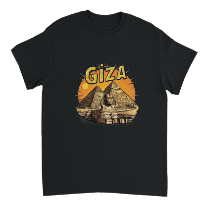 black Giza Egypt Unisex Travel T-Shirt on wooden background with world map, passport, and boarding pass