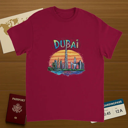 cardinal red Dubai Unisex Travel T-Shirt on wooden background with world map, passport, and boarding pass