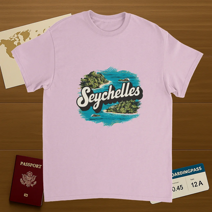 light pink Seychelles Unisex Travel T-Shirt on wooden background with world map, passport, and boarding pass