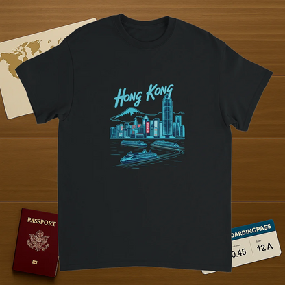 black Hong Kong Unisex Travel T-Shirt on wooden background with world map, passport, and boarding pass