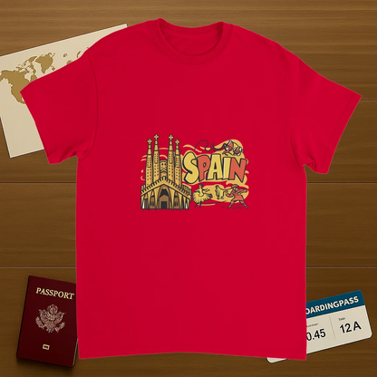 red Spain Unisex Travel T-Shirt on wooden background with world map, passport, and boarding pass