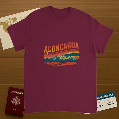 Aconcagua Argentina Unisex Travel T-Shirt on wooden background with world map, passport, and boarding pass