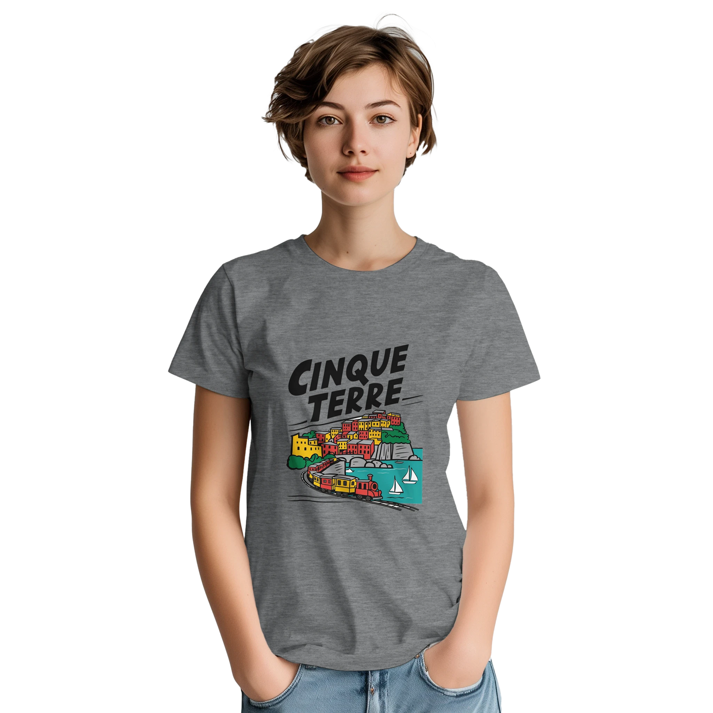 Cinque Terre Italy Unisex Travel T-Shirt on wooden background with world map, passport, and boarding pass