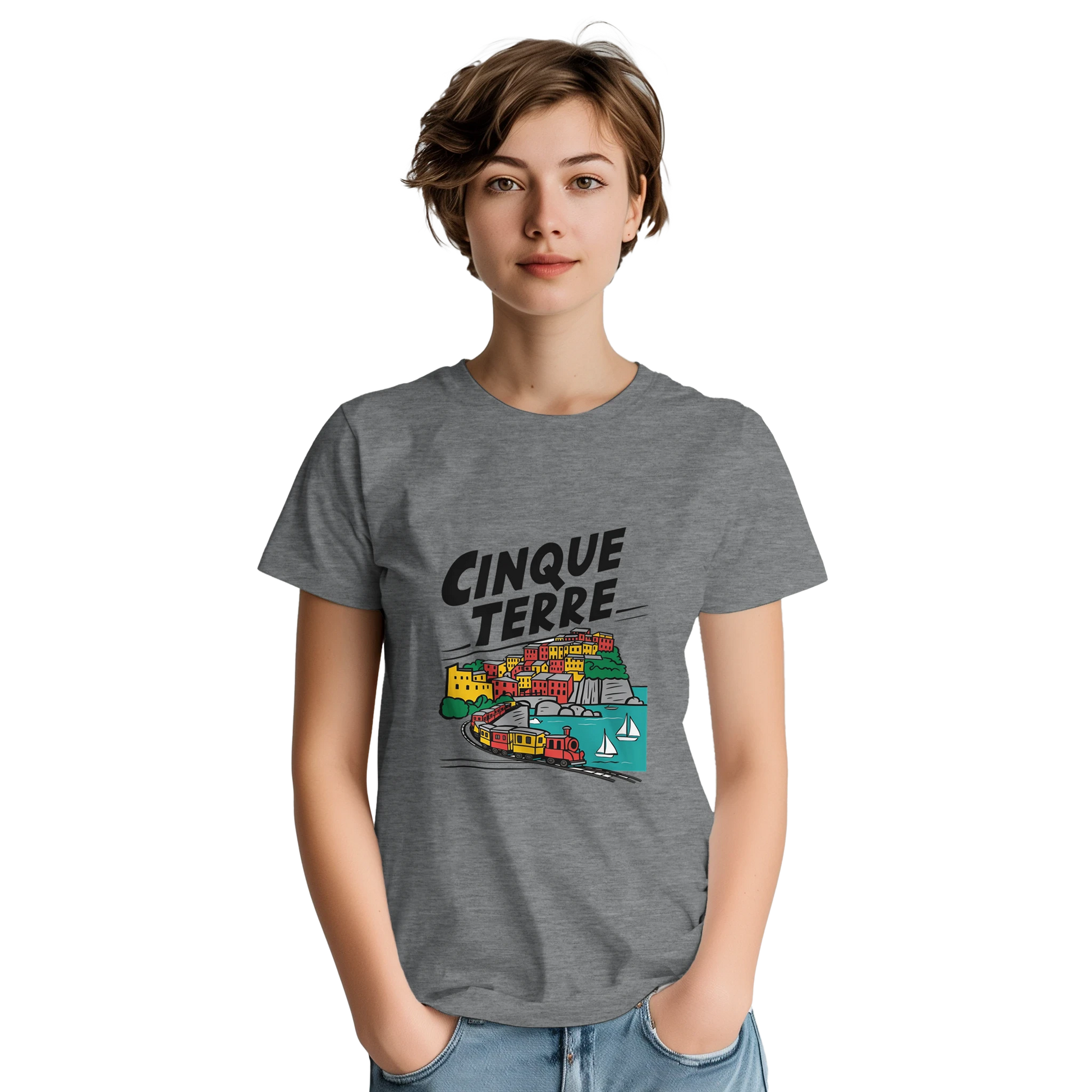 Cinque Terre Italy Unisex Travel T-Shirt on wooden background with world map, passport, and boarding pass