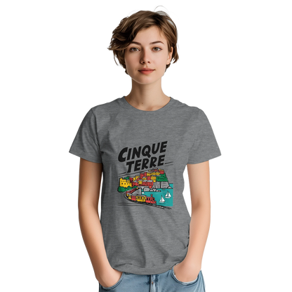 Cinque Terre Italy Unisex Travel T-Shirt on wooden background with world map, passport, and boarding pass
