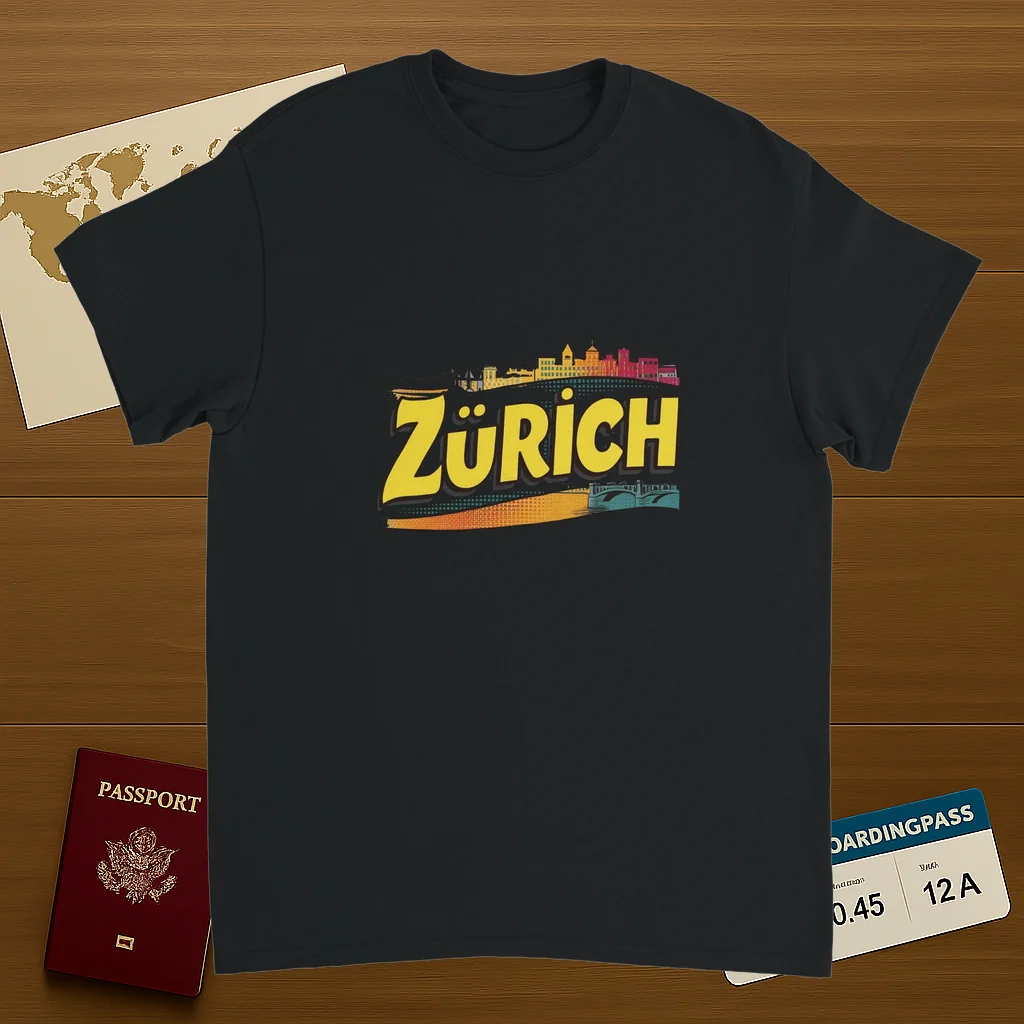 black Zurich Switzerland Unisex Travel T-Shirt on wooden background with world map, passport, and boarding pass