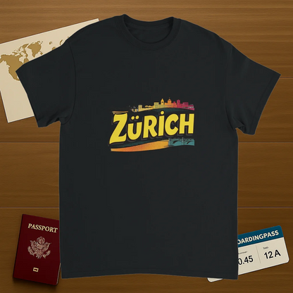 black Zurich Switzerland Unisex Travel T-Shirt on wooden background with world map, passport, and boarding pass