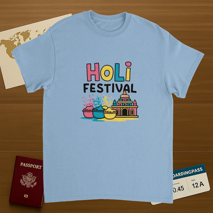 light blue Holi Festival Mathura India Unisex Travel T-Shirt on wooden background with world map, passport, and boarding pass