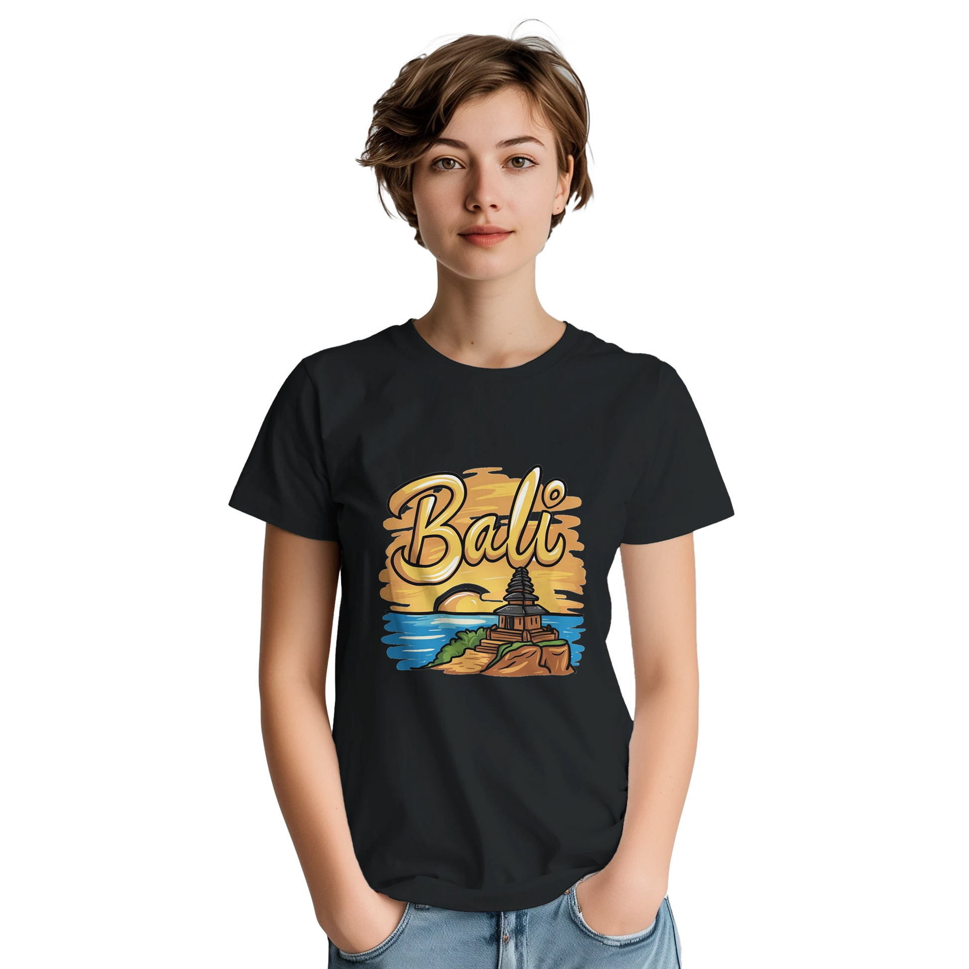 Bali Unisex Travel T-Shirt on wooden background with world map, passport, and boarding pass