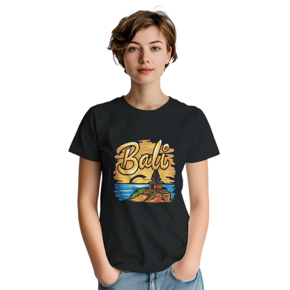 Bali Unisex Travel T-Shirt on wooden background with world map, passport, and boarding pass