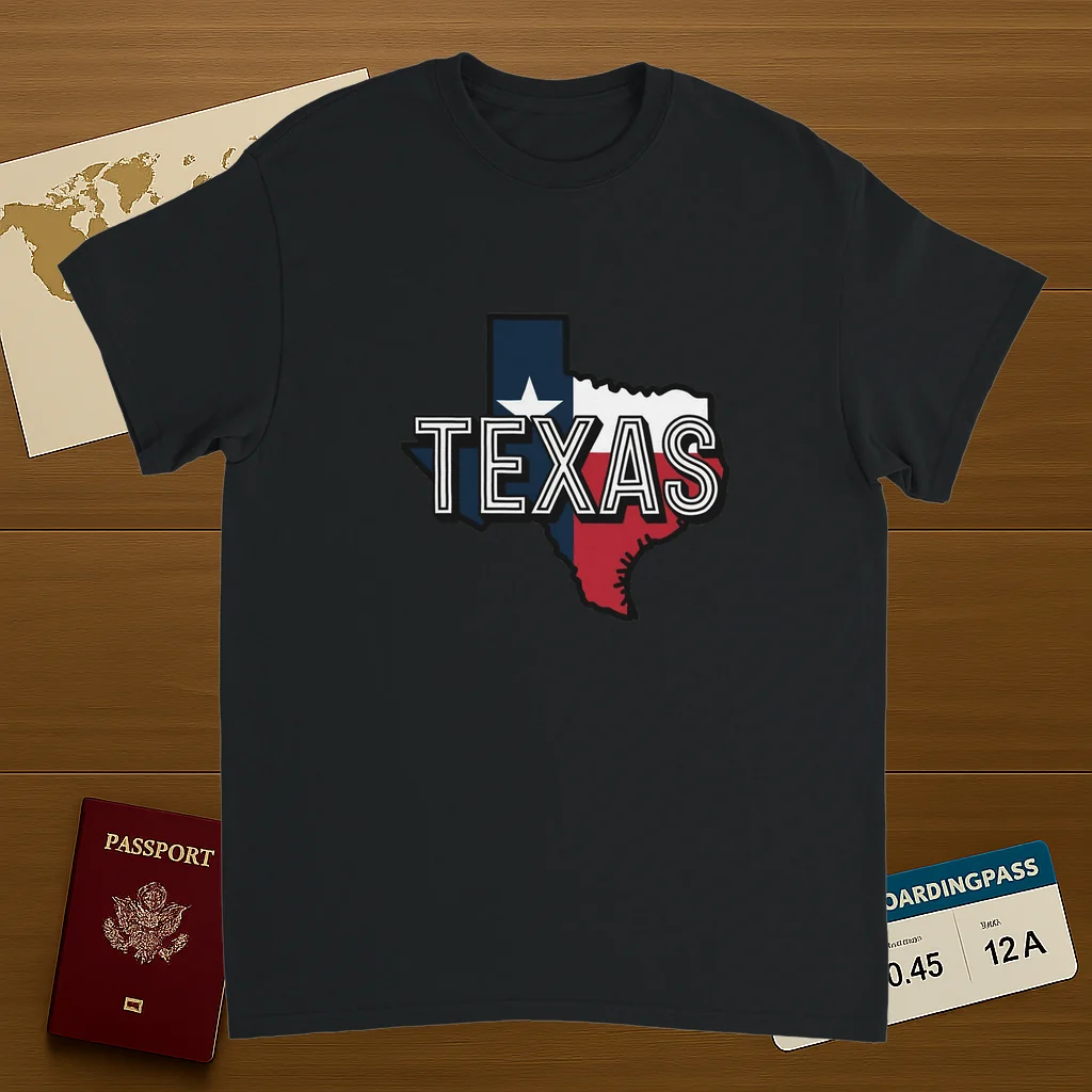 black Texas USA Unisex Travel T-Shirt on wooden background with world map, passport, and boarding pass