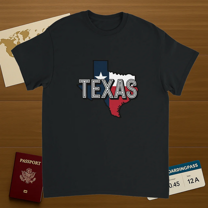 black Texas USA Unisex Travel T-Shirt on wooden background with world map, passport, and boarding pass