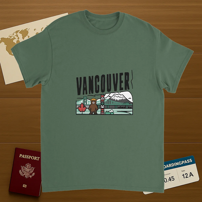 military green Vancouver Canada Unisex Travel T-Shirt on wooden background with world map, passport, and boarding pass