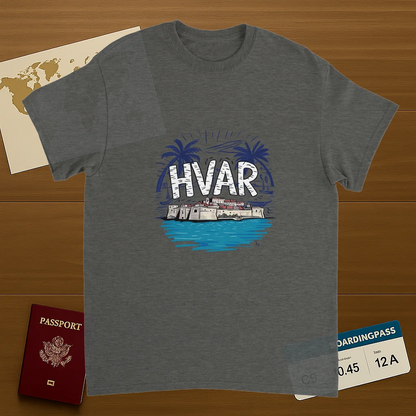 Hvar Croatia Unisex Travel T-Shirt on wooden background with world map, passport, and boarding pass