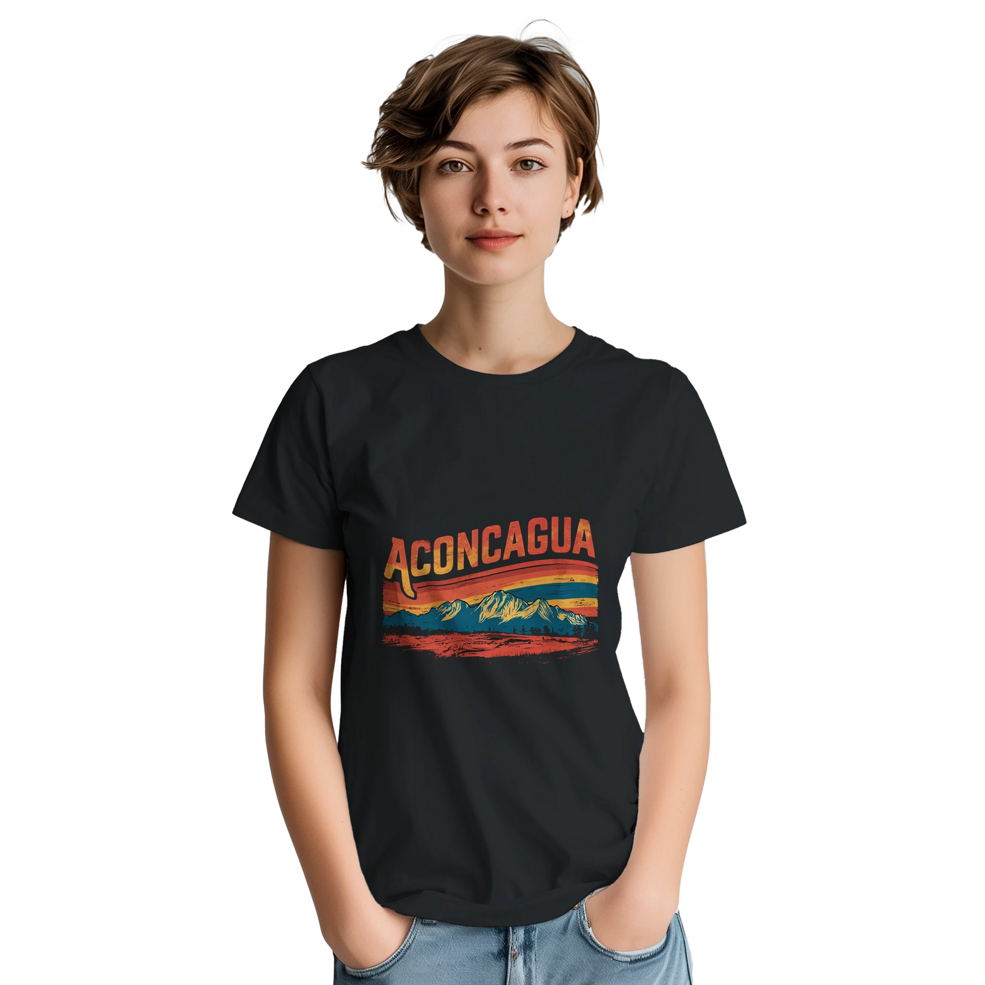 Aconcagua Argentina Unisex Travel T-Shirt on wooden background with world map, passport, and boarding pass