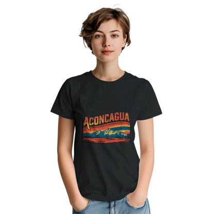 Aconcagua Argentina Unisex Travel T-Shirt on wooden background with world map, passport, and boarding pass