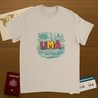 Lima Peru Unisex Travel T-Shirt on wooden background with world map, passport, and boarding pass