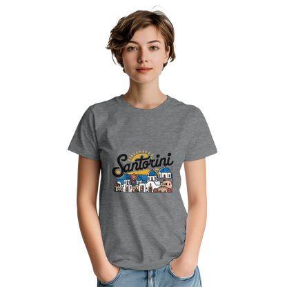 Santorini Greece Unisex Travel T-Shirt featuring a person