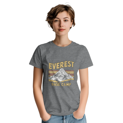 Everest Base Camp Nepal Unisex Travel T-Shirt on wooden background with world map, passport, and boarding pass