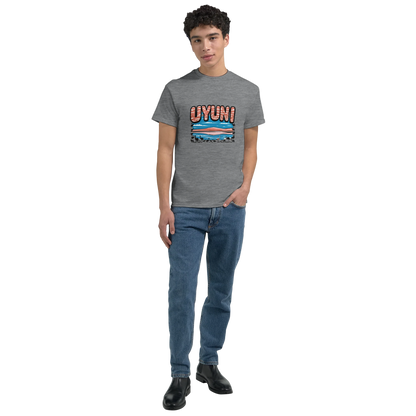 Uyuni Bolivia Unisex Travel T-Shirt featuring a man