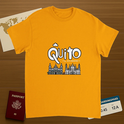 gold Quito Ecuador Unisex Travel T-Shirt on wooden background with world map, passport, and boarding pass