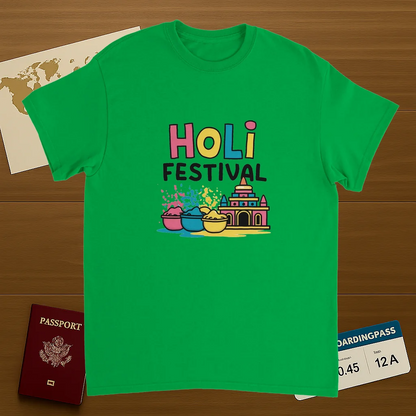 irish green Holi Festival Mathura India Unisex Travel T-Shirt on wooden background with world map, passport, and boarding pass