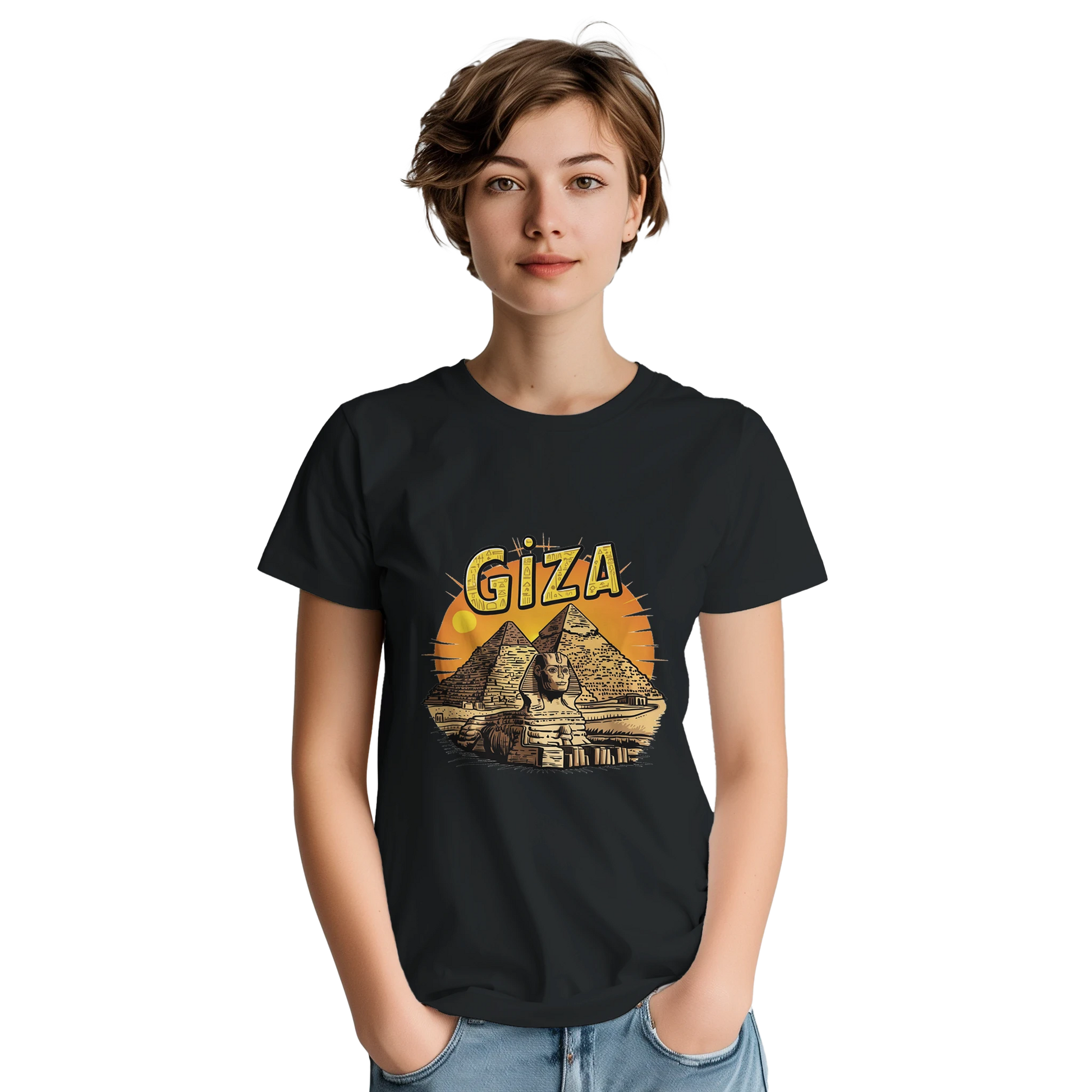 Giza Egypt Unisex Travel T-Shirt on wooden background with world map, passport, and boarding pass