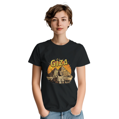 Giza Egypt Unisex Travel T-Shirt on wooden background with world map, passport, and boarding pass