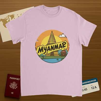 light pink Myanmar Unisex Travel T-Shirt on wooden background with world map, passport, and boarding pass