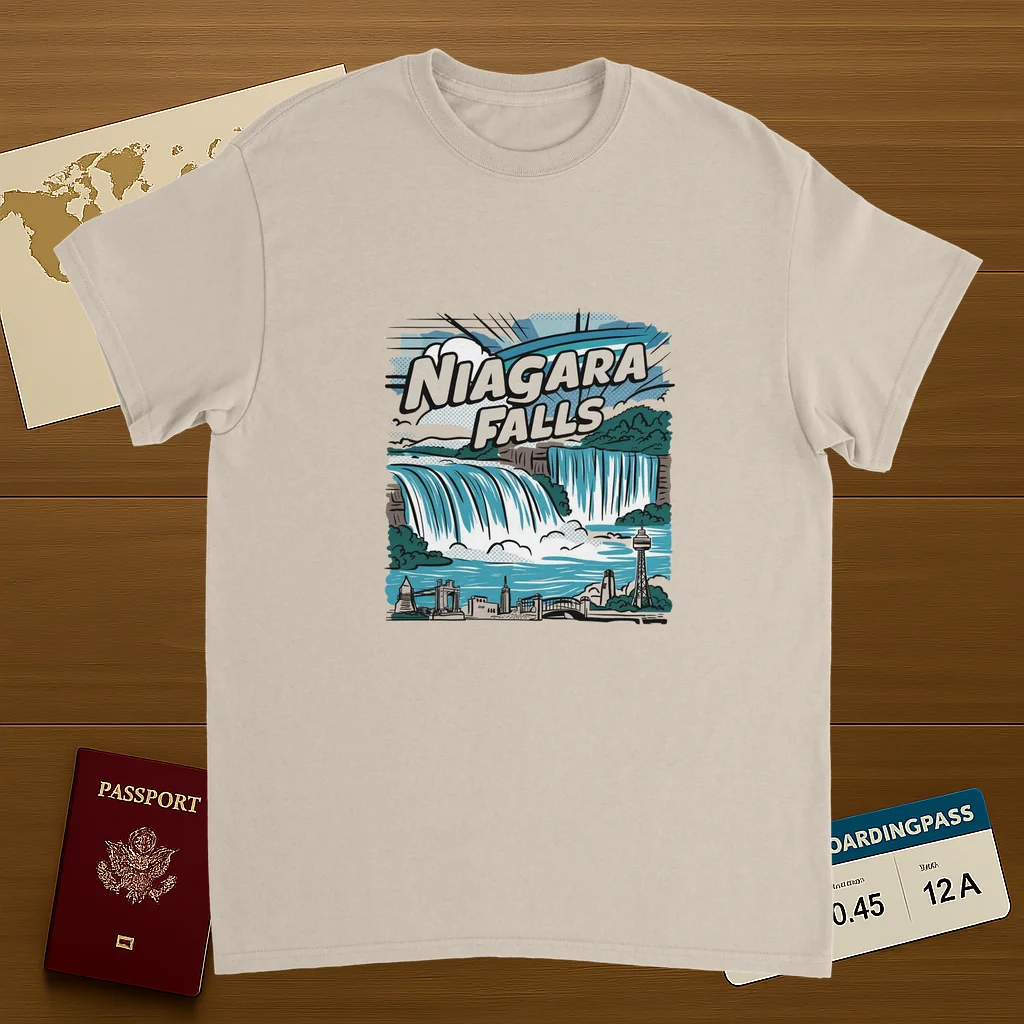 Niagara Falls Unisex Travel T-Shirt on wooden background with world map, passport, and boarding pass
