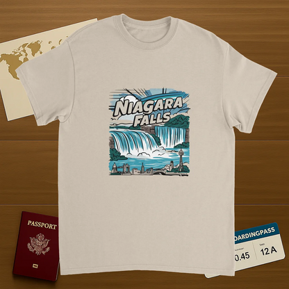 Niagara Falls Unisex Travel T-Shirt on wooden background with world map, passport, and boarding pass
