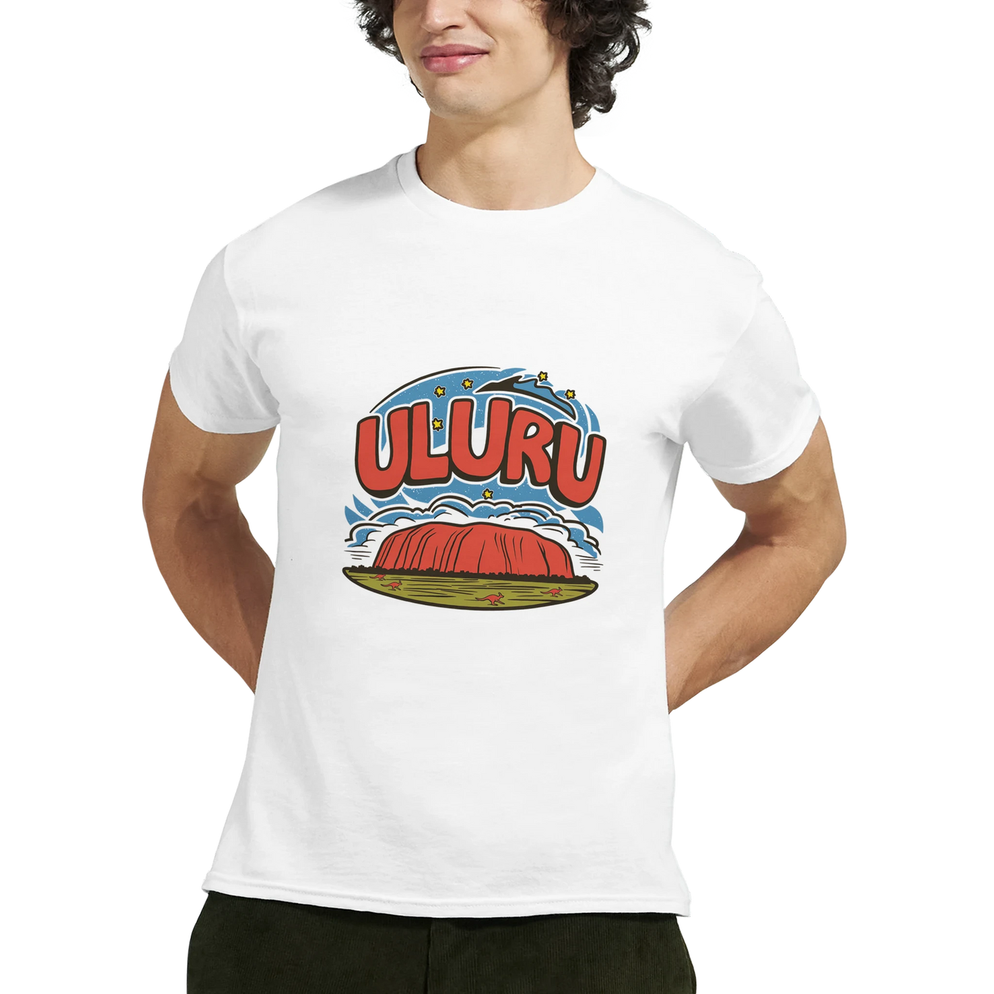 Uluru Australia Unisex Travel T-Shirt featuring a man