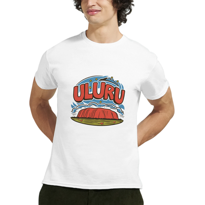 Uluru Australia Unisex Travel T-Shirt featuring a man