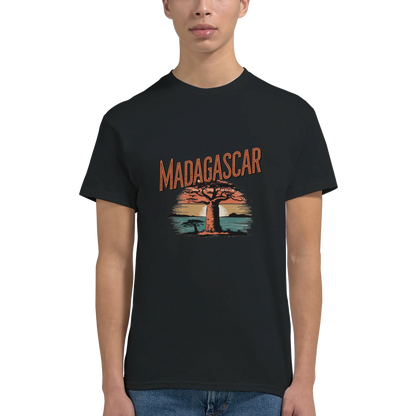 Madagascar Unisex Travel T-Shirt on wooden background with world map, passport, and boarding pass