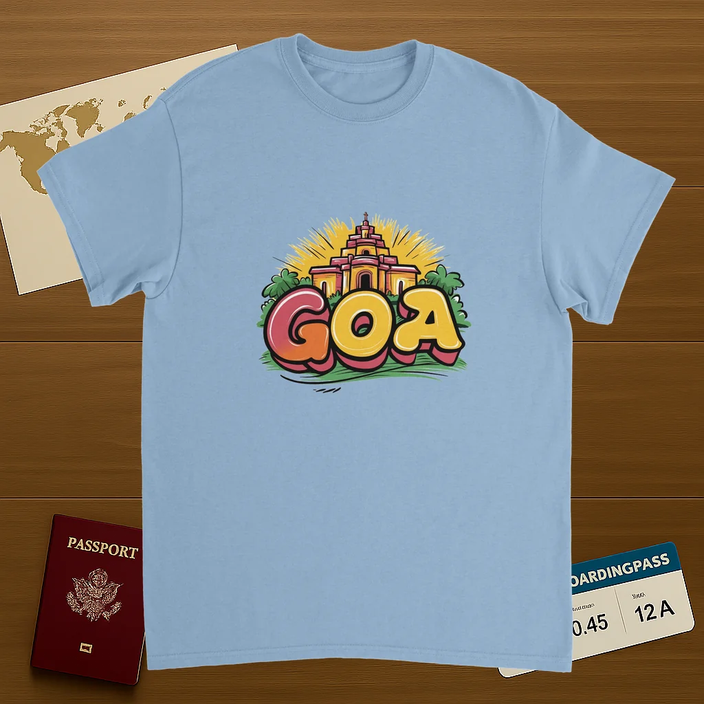 light blue Goa India Unisex Travel T-Shirt on wooden background with world map, passport, and boarding pass