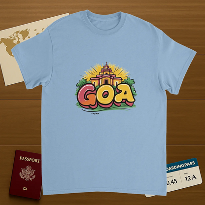 light blue Goa India Unisex Travel T-Shirt on wooden background with world map, passport, and boarding pass